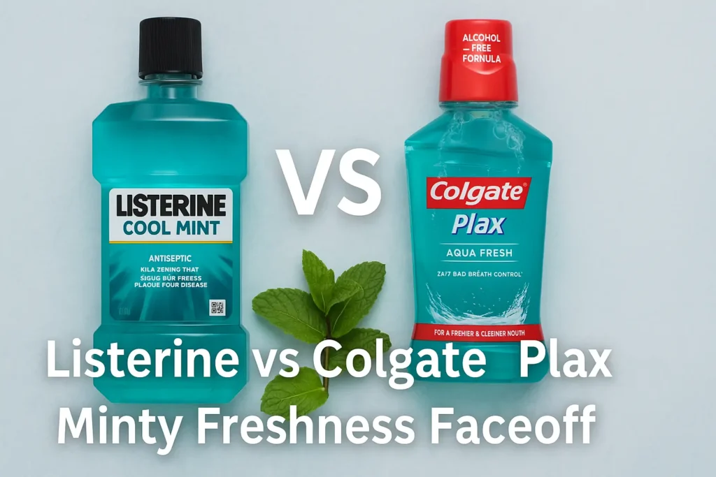 Listerine Cool Mint vs Colgate Plax bottles with fresh mint leaves
