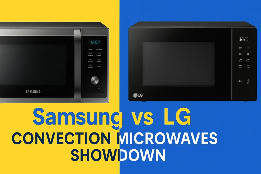 Samsung vs LG Microwave ovens ka colourful comparison image – yellow aur blue background ke saath